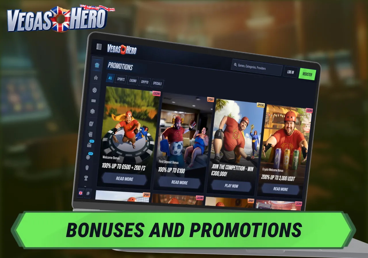 Bonuses and promotions include welcome offers, free spins and player rewards.